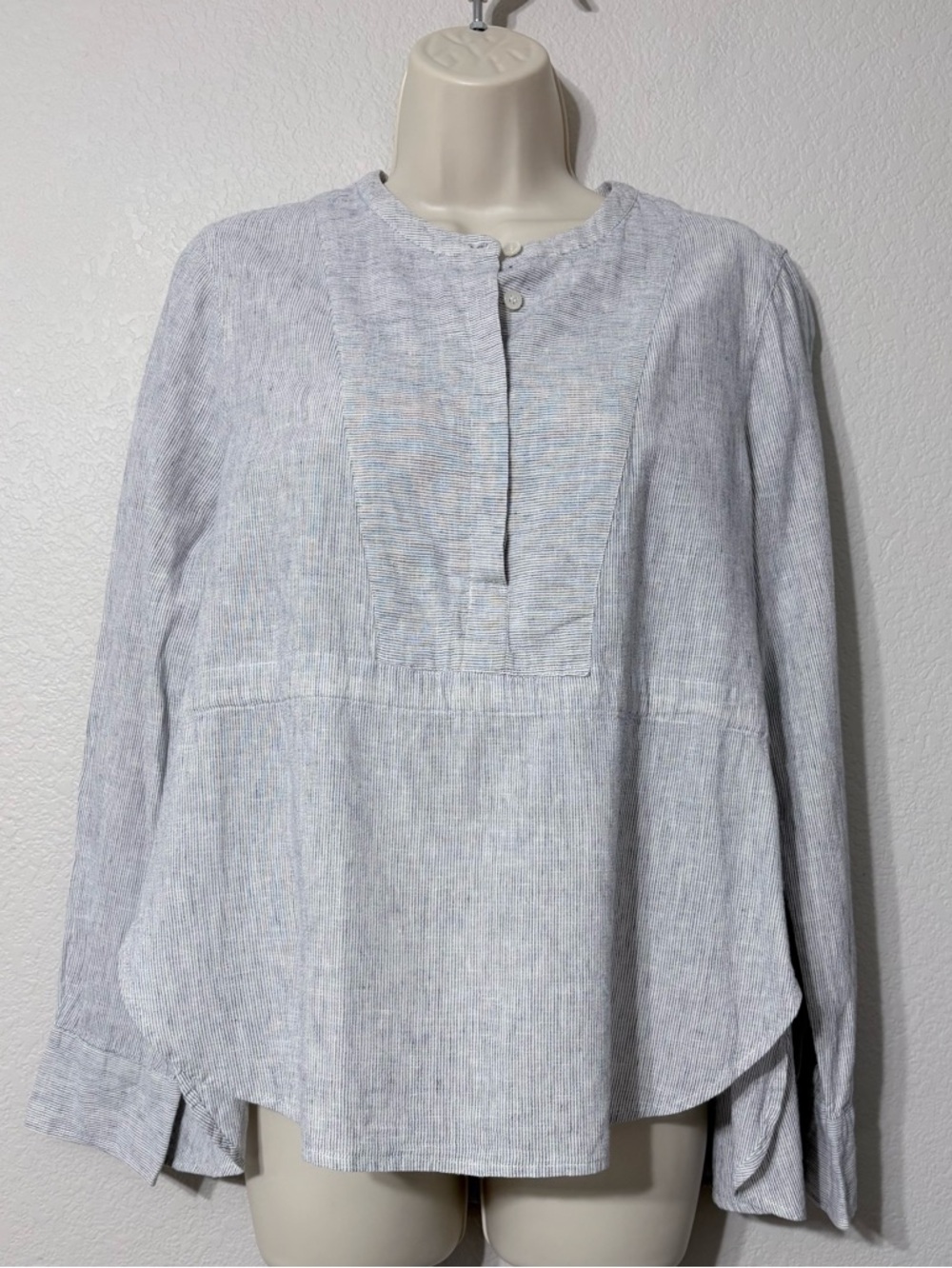 J.Crew Women's Blue White Striped Linen-Cotton Drawstring Popover Tunic Top M